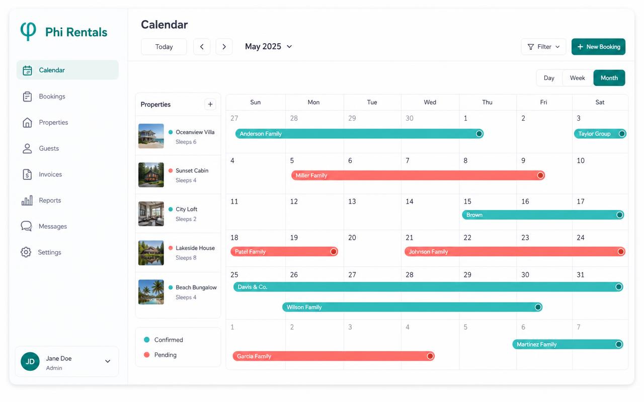 Condo Host Buddy month calendar with colour-coded booking bars per channel