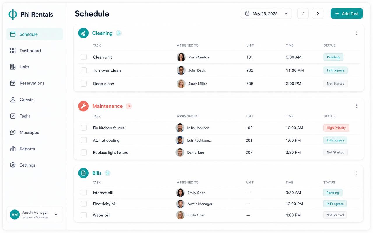 Condo Host Buddy daily operations board with cleaning tasks, maintenance and utility bills